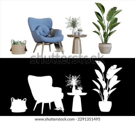 Interior decoration set in 3d rendering. Set of interior furniture in 3d rendering. Sofa and plant in 3d rendering. Royalty-Free Stock Photo #2291351495