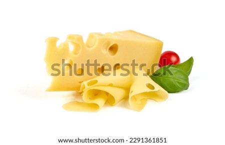 Emmental or maasdam cheese, close-up, isolated on white background Royalty-Free Stock Photo #2291361851