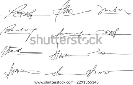 Hand written signature. Different example signatures isolated in white background. Vector illustration set of hand drawn name imprint Royalty-Free Stock Photo #2291365145