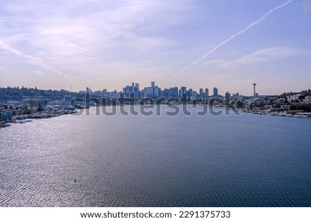 The Seattle skyline from above Lake Union on a bright March afternoon 