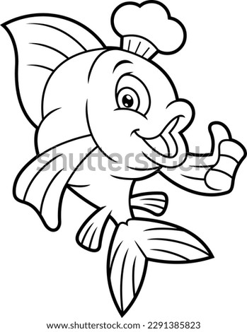 Outlined Fish Chef Cartoon Character Showing Thumbs Up. Vector Hand Drawn Illustration Isolated On Transparent Background