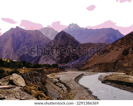 Countryside scene ,village river and mountains is a wonderful animal nature photo painting ,great for decoration ,textile and fabric print ,book cover ,gift card and different web and print purposes Royalty-Free Stock Photo #2291386369