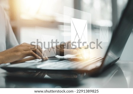 contact, email, internet, laptop, mail, message, company, network, e-commerce, letter. employee checking email with laptop on internet. message check on mail. e-commerce with network message. Royalty-Free Stock Photo #2291389825