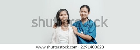 Senior older elderly patient asian grandmother woman with nurse consulting, safety and support of help, trust of breast cancer awareness, encourage