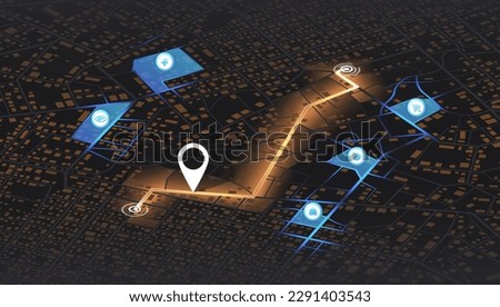 Isometric Gps map navigation to own house. City top view. View from above the map buildings. Detailed view of city. Decorative graphic tourist map. Abstract transportation background. Vector Royalty-Free Stock Photo #2291403543