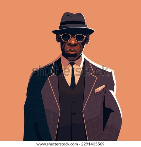 Young black man wearing suit and hat and sunglasses. Retro african american man in hat. Vector illustration. flat color cartoon style portrait poster