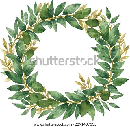 Watercolor green leaves wreath with golden circle on white background
