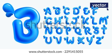 Alphabet set made of blue clear water and dew drops. 3D realistic plastic cartoon balloon style. Glossy vector illustration. Perfect for eco-friendly banners, vibrant emblem, healthy food art. Royalty-Free Stock Photo #2291415055