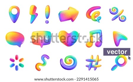Speech bubble, Location mark, Spiral curve, Music note, Lightning, Arrow, Exclamation sign, Loading icon, Lupe, Heart rainbow icons. Plastic cartoon style. Vector 3D render style glossy colorful set.
