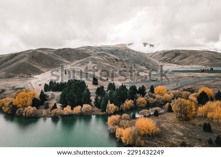 tranquil landscape with numerous small mountains near the tranquil lake with a few trees with the leaves of different colors under a gray cloudy sky, mount cook, new zealand Royalty-Free Stock Photo #2291432249