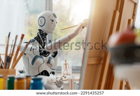 Humanoid AI robot painting a still life composition on canvas in the art studio