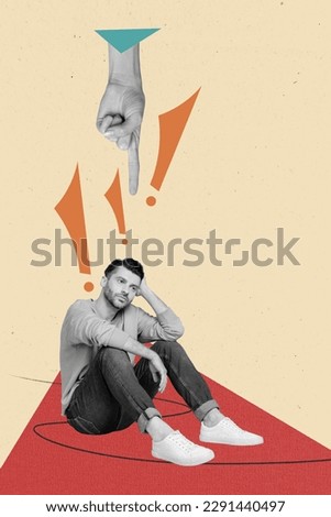 Creative retro 3d magazine collage image of arm pointing finger sad stressed guy isolated pastel background