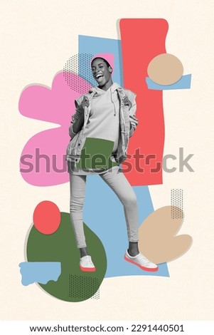 Vertical collage picture of positive black white gamma person good mood dancing partying isolated on creative background