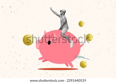 Creative collage picture of excited black white gamma mini guy sit ride big money bank pig collect coins isolated on painted background Royalty-Free Stock Photo #2291440519