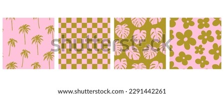 Set of tropical beach seamless patterns with monstera plant leaves, palm trees, flowers and checkerboard ornament. Fondant pink and cyber lime colours.