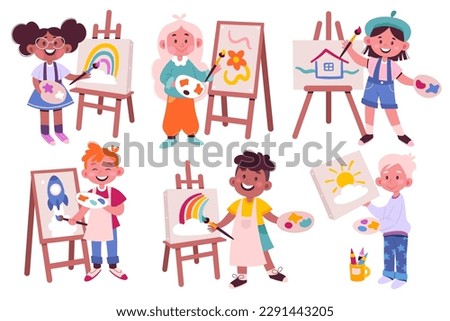 Children draw on easel flat icons set. Cute cartoon kids drawing pictures. Art therapy. Girl and boy with paintbrush, paint palette, artboard. Color isolated illustrations Royalty-Free Stock Photo #2291443205