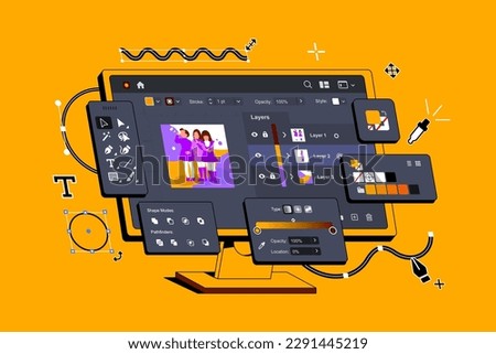 Program for Illustrators. Application for creating and drawing Vector Illustrations. Graphic editor for designers. Digital art software. Interface for artists. Neobrutalism concept. Vector illustratio