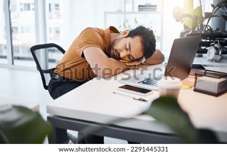 Tired, business man and sleeping at desk in office with burnout risk, stress problem and nap for low energy. Fatigue, lazy and depressed male employee with anxiety, overworked and bored in workplace Royalty-Free Stock Photo #2291445331