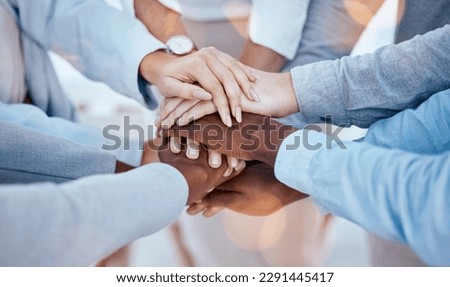 Business people, hands or solidarity stack for collaboration, team building or trust. Teamwork, huddle or group of staff with men, women and hand together for community, unity and support motivation Royalty-Free Stock Photo #2291445417