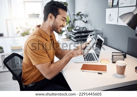 Tablet typing, business office analysis and happy man reading article, online media blog or social network review. Editing, male editor and journalist work on news post, web content or email feedback