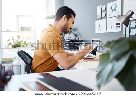 Office tablet, project focus and man typing, scroll or monitor online UI statistics, feedback data or insight analysis. Creative business agency, SEO research and person working on app design process