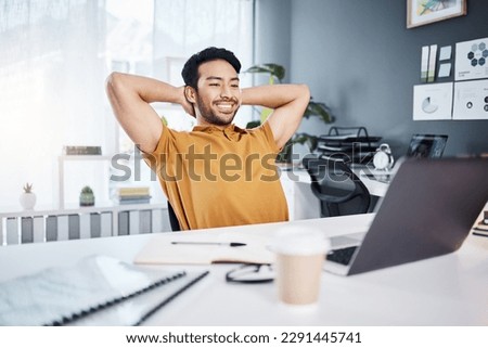 Office laptop, relax and happy man finished with social media research, creative web design or e commerce. Pride, rest and business worker done with project, report or online analysis of website data Royalty-Free Stock Photo #2291445741