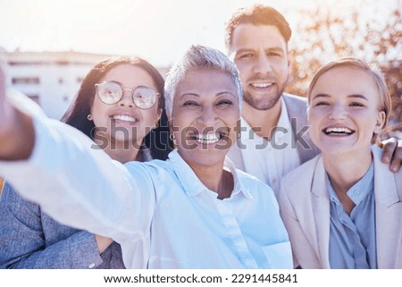 Selfie, happiness and woman boss with team outside office with happy business employees at creative start up. Diversity, group of people and smile, work friends in staff picture together at workplace