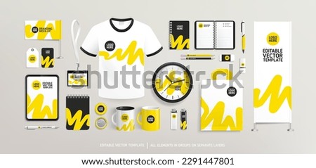Promotional souvenirs with yellow Brand Identity design concept on stationery. Stationery branding mock-up template. Brand presentation mock-up set. Promotion AD  banner design. Editable vector   Royalty-Free Stock Photo #2291447801