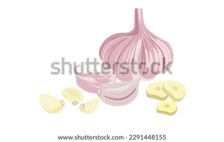 Garlic vector set. Garlic cloves vector. Garlic slices vector. Whole garlic  bulb. Flat vector in cartoon style. Chopped, cut. Spices. Royalty-Free Stock Photo #2291448155
