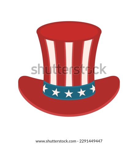 American flag hat. USA patriotic symbol. Graphic print design element. Uncle Sam's hat. Presidents' day. Cylinder with ribbon and stars. Independence Day. US politics. Vector illustration, clip art. 