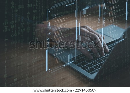 Digital information technology concept. Businessman touching artificial intelligence screen. Royalty-Free Stock Photo #2291450509