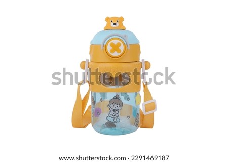 kids water bottle jpg image. cartoon design school water bottle for toddler. water bag product image. useful for package designing jpg image. green, yellow, pink and purple color.