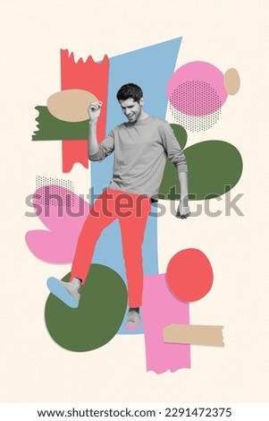 Vertical collage image of overjoyed black white effect guy enjoy dancing isolated on painted background