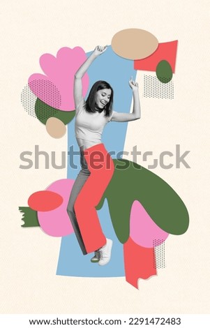 Vertical collage picture of black white gamma girl dancing chilling isolated on painted creative background