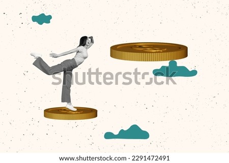 Artwork collage picture of black white effect mini girl stand huge flying money coin drawing clouds sky look interested far away