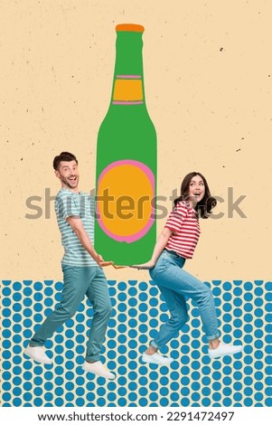Vertical collage picture of two mini positive people arms hold huge beer glass bottle isolated on painted beige background
