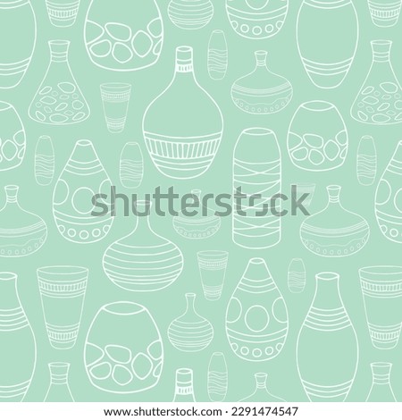 Handmade antique greek pottery seamless pattern. Ancient vases decorated by hellenic ornaments vector flat illustration. Background with traditional grecian clay amphoras and bowls. Royalty-Free Stock Photo #2291474547