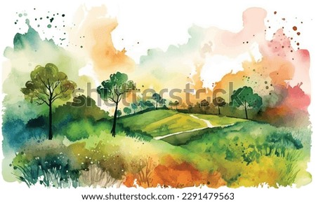 Bright color hand drawn watercolour sketch drawing on paper texture backdrop. Quiet romantic sundown scenery. Orange birch wood on shore of calm brook and space for text on light gloaming dusk heaven