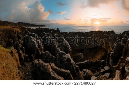 Sunset at Punakaiki Pancake Rocks, Paparoa National Park, New Zealand