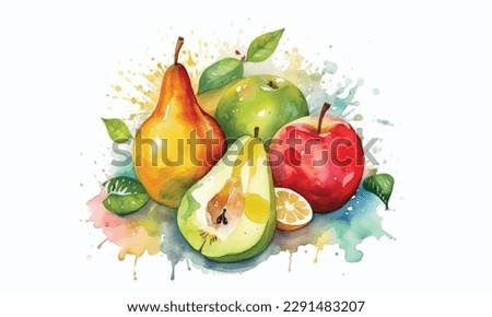 Watercolor fruits on a white background in pears, apples Pear, apple, orange and Healthy Fruits group
