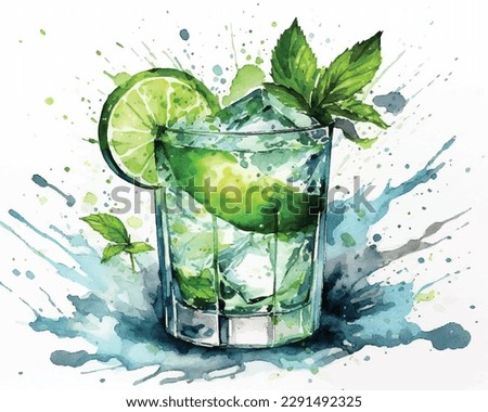 lemons juice watercolor fruit drinks with ice cubes on a white background.
