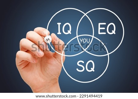 Hand drawing diagram concept about IQ intelligence quotient, EQ emotional intelligence and SQ spiritual or social quotient. Royalty-Free Stock Photo #2291494419