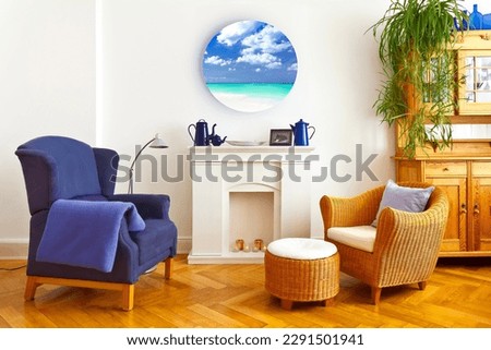 Extraordinary home decoration concept: colorful but cozy living room with a custom-made round beach photo printed on canvas, wood, hardboard or metal.