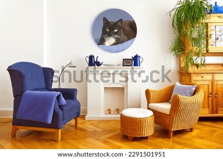 Extraordinary home decoration concept: colorful but cozy living room with a custom-made round cat photo printed on canvas, wood, hardboard or metal.