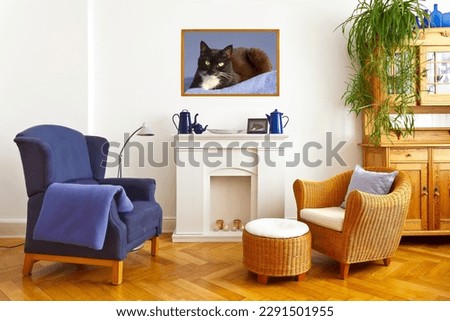 Custom-made home decoration concept: living room with a wing and a wicker chair and a square photo print of a black-and-white cat in a wooden frame.