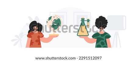 Boy and energized woman school instrument. Trendy style, Vector Illustration