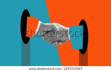 A handshake of businessmen. Modern design with a positive context. Concept of help, support, and agreement between businessmen. Modern art collage, trendy magazine style. Royalty-Free Stock Photo #2291514367