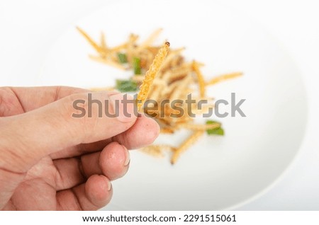 Fried bamboo worms are the protein source of the future. Royalty-Free Stock Photo #2291515061