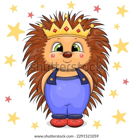 Cute cartoon hedgehog king with golden crown. Vector illustration of a royal animal on a white background with red and yellow stars.