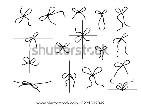 Bow on gift ribbon string for parcel wrap vector silhouette icon. Black line art rope cord with knot and bow for birthday or christmas package decoration.